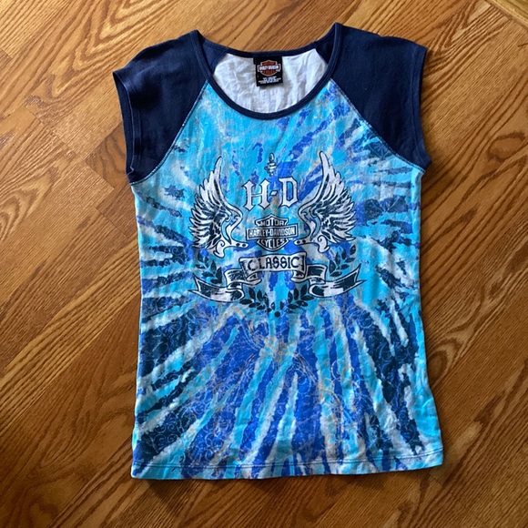 Harley-Davidson Tops - Harley Davidson Tie dyes blue and white sleeveless shirt